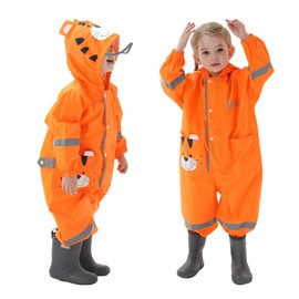 Baogaier Puddle Suit Boys Girls Waterproof Rainsuit Hooded All in One Lightweight Easy Dry School Outdoor Rainwear Coverall Raincoat with Tiger Print for Unisex Children Kids 4-6 Years, Orange L