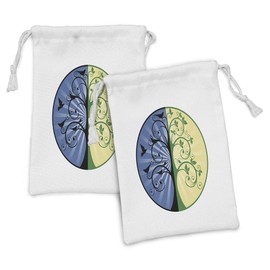 Ambesonne Tree of Life Fabric Pouch Set of 2, Yin Yang Life and Death Tree Colorful Design with Bird Silhouettes, Small Drawstring Bag for Toiletries Masks and Favors, 9" x 6", Black Green and Blue
