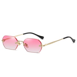 WDZAYXC Retro Rimless Sunglasses for Women Men Hexagonal Sunglasses, Gold/Pink