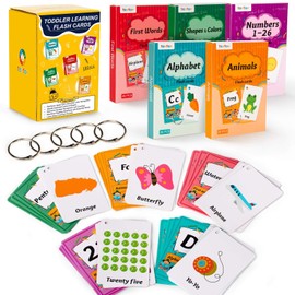130 Flash Cards for Toddlers, ABC Alphabet, Numbers, Colors & Shapes, First Words, Animals Preschool Flashcards with Rings for Kindergarten Homeschool Supplies Educational Learning Toy Kids