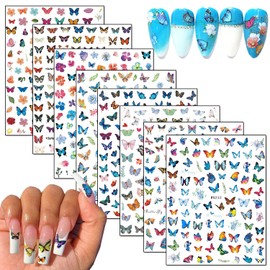 8 Sheets Butterfly Nail Art Stickers Colorful Butterflies Nail Decals Self-Adhesive Nails Sticker Flowers Butterfly Nail Art Design 3D Nail Accessories for Women Manicure Tips DIY Nails Supplies