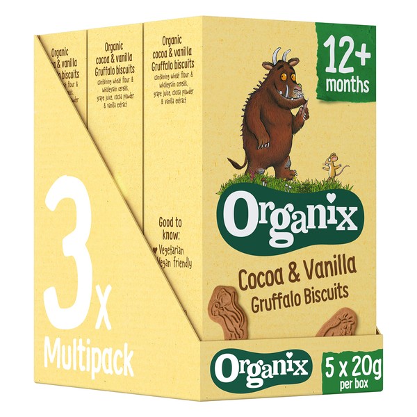 Organix Gruffalo Biscuits Organic Cocoa & Vanilla Toddler Snacks Multipack 12+ Months 5x20g (Pack of 3)