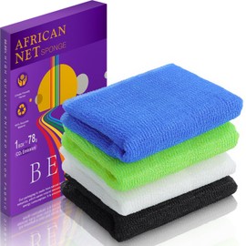 Exfoliating Washcloth 4-Pieces - Extra Exfoliating African Net Sponge for Body & Face, Dual-Sided Scrubber, Quick-Dry & Long-Lasting（Blue Black White Green）