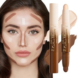 Lápiz de contorno y resaltador 2 en 1 de doble punta crema bronceador e iluminador para contorno facial y cuerpo, fórmula impermeable construible, maq