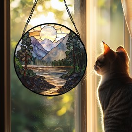 AMDERVEN Stained Glass Window Hanging, Sunset Mountains Lake Tree Sun Catcher for Window Home Decor Landscape Suncatcher Mother's Day Birthday Gifts for Women Men Mom and Nana 9.8 in