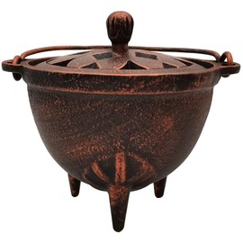 YIMIFLA Incense Burner 4.9" Cast Iron Cauldron with Lid and Handle Frankincense Resin Incense Burner Great for Spells, Smudging, Ritual & Blessings (Red Bronze)