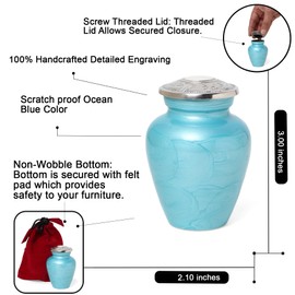 THE ASCENT MEMORIAL Ocean Blue Mini Urn for Human Funeral Remains | Serenity Funeral Ash Storage Box | Velvet Pouch | Paper Funnel | Beautifully Handcrafted Sacred Ash Containers Small