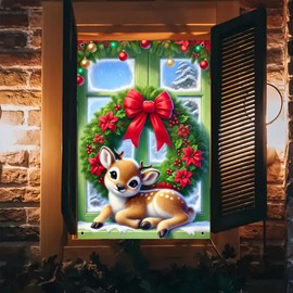BlissYard Christmas Window Decorations 32x47 Inch Christmas Window Cover Adorable Resting Fawn Festive Green Red Bow Poinsettias Whimsical Holiday Art for Indoor Outdoor Home Party Decor