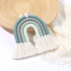 ZWA Rainbow Wall Hanging,Rainbow Wall Art,Handmade Macrame Rainbow Wall Decor for Nursery Kids Room Home Decor(Green+Grey Rainbow,4lines 5.5")