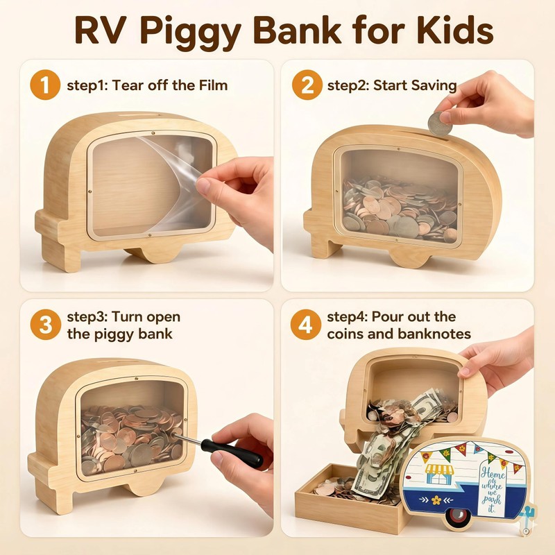 Unique RV Piggy Bank for Kids, Boys and Girls, Wooden