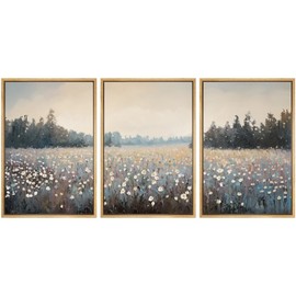 SIGNWIN Framed Canvas Print Wall Art Serene Wildflower Meadow Pastel Landscape Triptych with White Frame Illustrations Modern Scenic Ultra for Living Room, Bedroom, Office - 16"x24"x3 Natural