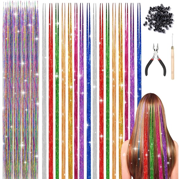 52 Stück Haar Lametta Stränge Kit 48 Inches Glitzer Haarsträhnen