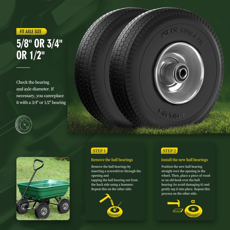 Wiltire (2 Pack) 4.10/3.50-4 Flat Free Tire and Wheel 10-Inch