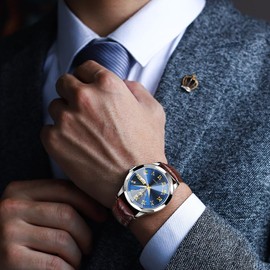 OLEVS Mens Watches Blue Face Leather Watches for Mens Luxury Quartz Analog Dress Watch Brown Leather Band Casual Classy Luxury Waterproof Date Watches Diamond Dial Relojes para Hombres