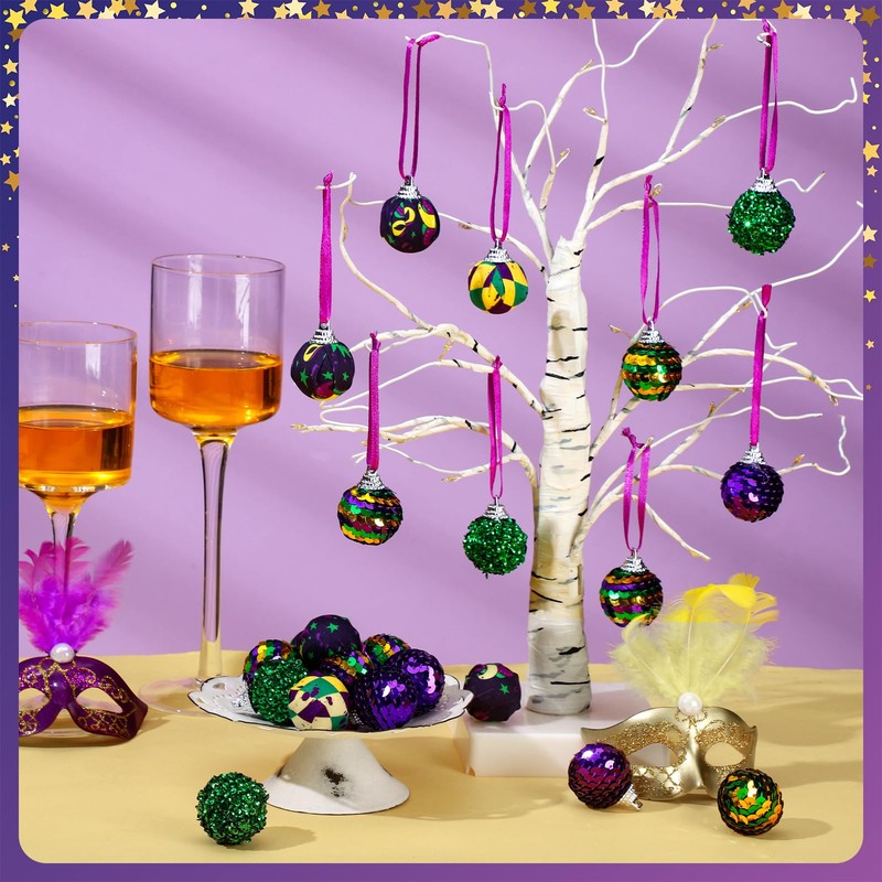 Lenwen 24 Pcs Mardi Gras Ball Ornaments for Tree Mardi