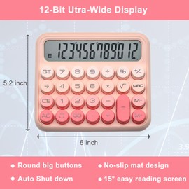 Mechanical Switch Calculator, Green Calculator Cute 12 Digit Extra Large LCD Display and Big Buttons, Basic Standard Calculators Desktop for School, Home, Kids, Automatic Sleep,with Battery Pink-XL