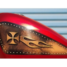 Fuel gas tank decals for Harley Davidson Sportster - Flamed Chopper Cross - Brown leather riveted 883 iron