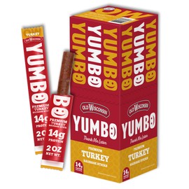 Old Wisconsin Yumbo Summer Sausage Snack Sticks, Ready to Eat, High Protein, Low Carb, Keto, Gluten Free, 20 Individually Wrapped 2oz Sticks, Turkey Flavor