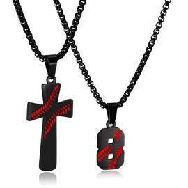 RWQIAN Baseball Necklace for Boys Baseball Number Pendant Necklace Stainless Steel Men Baseball Cross Necklace and Number 8 Chain Set Jewelry Gift