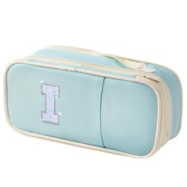 Janhavi Preppy Pencil Case with Zipper, Initial College Essentials School Supplies for Back to School, Pink Aesthetic Pencil Bag for Teen Girls Kids Adults-Blue I