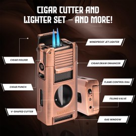 CUBARO Cigar Lighter with V Cutter, Punch, Draw Tool – Dual Torch Flame, Flip Lid Cigar Rest – Refillable Windproof Butane Lighter Gift Set for Men – Bronze Finish (NO Butane)