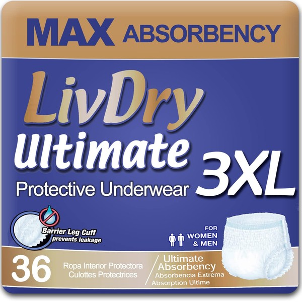 LivDry Ultimate Adult Incontinence Underwear, High Absorbency, Leak Cuff Protection (XXX-Large (36 Count))