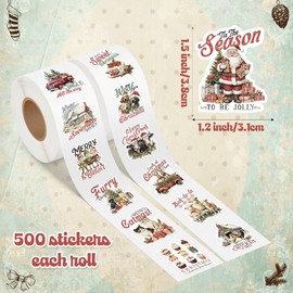 8TEHEVIN 1000pcs Vintage Christmas Sticker Rolls(2 Rolls), 16 Designs Cartoon Christmas Theme Stickers, Santa Snowman Snowflake Reindeer Self-Adhesive Decorative Decal for Merry Christmas Party Supply