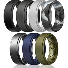 Egnaro Silicone Wedding Rings Mens, Inner Arc Breathable Design Silicone Rings for Men, 7 Rings / 4 Rings / 1 Ring Step Edge Rubber Wedding Engagement Bands Comfort for Workout, 8mm Wide-2mm Thick
