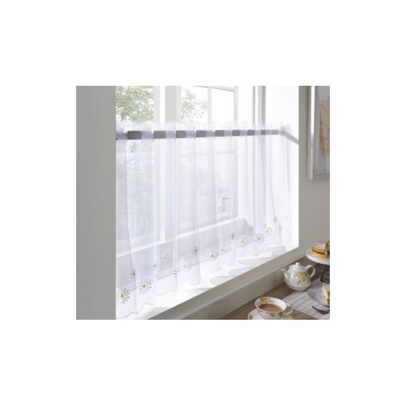 Café Voile Curtain Panel, Embroidered Kitchen Net Curtains, Daisy Flower,