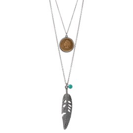 American Coin Treasures Silvertone Indian Cent Double Chain Feather Necklace with Turquoise Stone