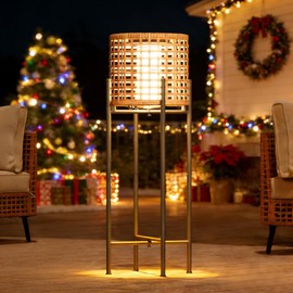 LAUSAINT HOME Solar Powered Outdoor Floor Lamp with Auto On/Off LED Light, Waterproof Wicker Patio Floor Lights, Boho Rattan Floor Lantern (1 Floor Lamp)