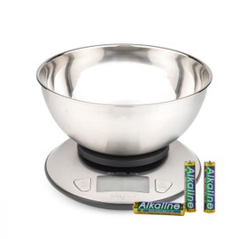 Salter Kitchen Scale with Bowl – Multiple Measure, Measures Liquid, 5kg/11lbs Max Capacity, 2l Steel Bowl, LCD-Display, Stainless-Steel, Dual Use, Perfect for Baking, Cooking, Meal Prepping