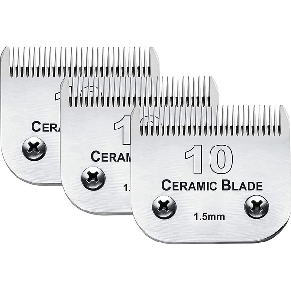3 Pack 10 Blade Dog Grooming Replacement Blades Compatible with Andis Clippers/Oster A5/Wahl KM,Detachable Ceramic Blade & Stainless Steel Blade,Size-10, 1/16-Inch Cut Length (64315)