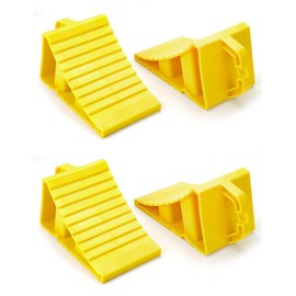 QWORK RV Wheel Chocks, 4 Pack Heavy Duty Car RV Tire Chocks Camper Chocks with Handle and Rope, Car Truck Stopper for Travel Trailers, Camper, Cars, Truck, Yellow