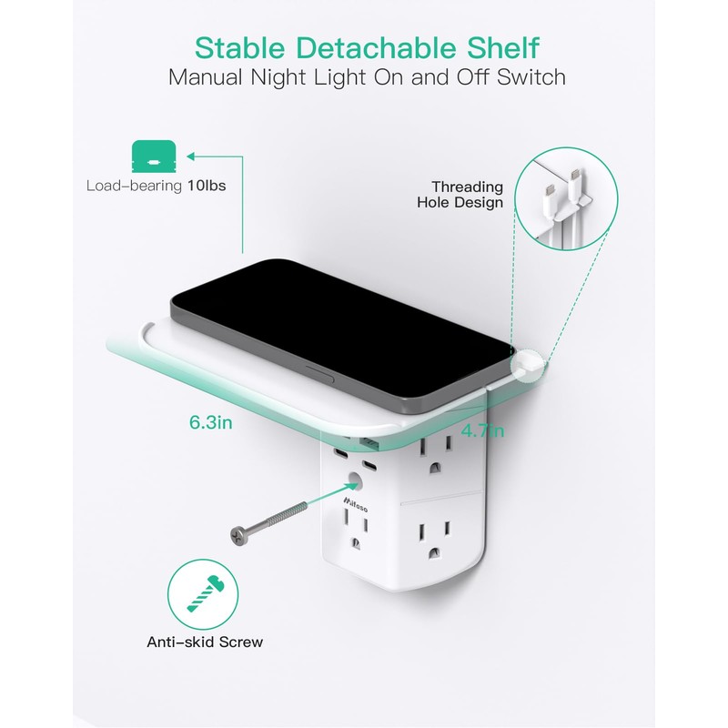 Wall Outlet Extender with Shelf and Night Light, Surge Protector,