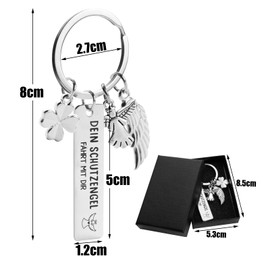 BETESSIN Guardian Angel Keyring Motorcycle Car Lucky Charm Angel Pendant with Engraving "Dein Schutzengel fährt mit dir Clover Angel Wings Birthday Father's Day Christmas Gift Silver, Guardian angel