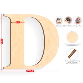 12 inch Tall Unfinished Wooden Letters D and Glue Points,Thk 0.27"/7mm,for DIY Sign Decoration, Gallery Wall,Wreath,Walls Decor, Party,Baby Shower, Nursery,and Craft Projects