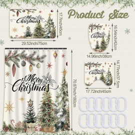 HunnmingRe Set of 4 Black Afro Santa Claus Merry Christmas Shower Curtains Sets with Non Slip Rugs Toilet Lid Cover Bath Mat Black Bathroom Shower Curtain Set with 12 Hooks for Bathroom (Retro)