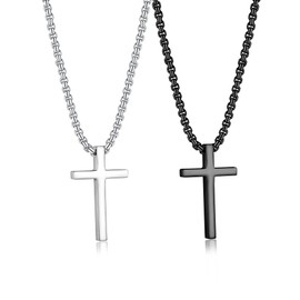 JeweBella 2 Pieces Cross Chain Men Women Stainless Steel Chain with Cross Pendant Necklace Polished Crucifix Necklace Silver and Black Cross Necklace Set Men's Jewellery Gift Chain Length 41-76 cm,