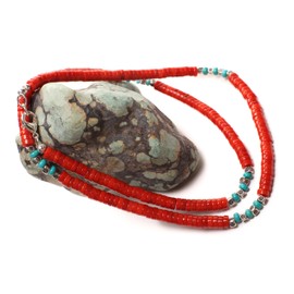 Genuine AAA Red Bamboo Coral Heishi and Turquoise 4mm Rondelle Spacers Necklace, 4mm Bamboo Coral Heishi Choker Necklace (20")