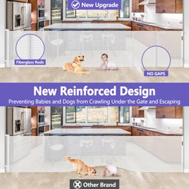 Reinforced 42 Inch Tall Retractable Baby Gates Extra Wide Dog Gate, 155 Inch Extra Long Baby Gate with Support Rods - Prevent Crawling Under, Indoor Retractable Gate Outdoor Extra Tall Dog Gate, White