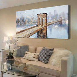 Arjun Brooklyn Bridge Canvas Wall Art Abstract Skyline New York City Painting, Modern Colorful NYC Picture Textured Artwork Framed for Bedroom Living Room Home Office Wall Decor, Large Size 48"x24"