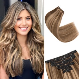 SEGO Clip in Hair Extensions Real Human Hair 16 Inch 4P27 Chocolate Brown mixed Light Brown 110g 7PCS 16 Clips Real Human Hair Extensions Clip ins Real Human Remy Hair Lace Clip In Hair Extensions