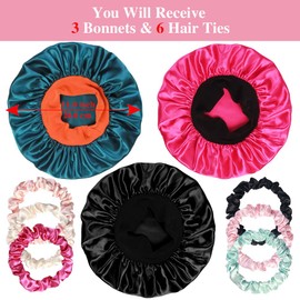 3pcs Satin Bonnets for Kids Sleeping, Cute Hair Bonnet with Scrunchies for Girls Curly Hair, D