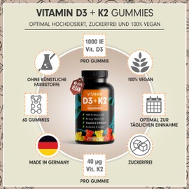 Vitamin D3 + K2 Gummies 60x with 1000 IU Vitamin D3 + 40 mcg Vitamin K2 - Optimal High Dose - 100% Sugar-Free and Vegan - Laboratory Tested with Certificate - Supply for 4 Months