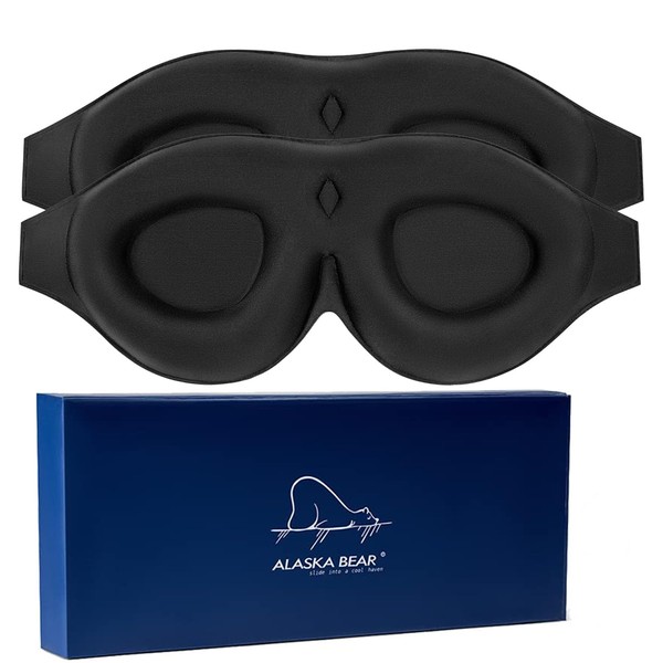 2 Pack 100% Blackout Sleep Masks Most Comfortable Contoured Eye Cups and Nose Covering for Women Men, ALASKA BEAR 3D Pillow Eye Masks 0 Pressure on Eyelids & Eyelashes(Black)