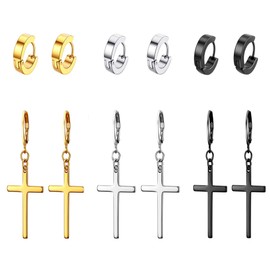 VPACC Cross Earrings for Men Women Dangle Hoop Dangling Hanging Dangly Drop Crosses Earingings Steel Stainless Gold Black Silver 6 Pairs Sets
