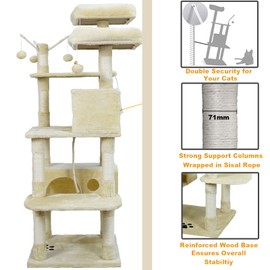 Cat Tree Tower for Indoor Cats,64 inches Large Multi-Level Cat Activity Center with Condos,Scratching Posts,Removable Fur Ball Sticks(Beige002)