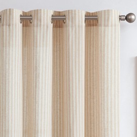TOPICK Linen Curtains for Living Room 63 inches Long Taupe Striped Drop Light Filtering Eyelet Curtains for Bedroom Window Decoration 2 Panels