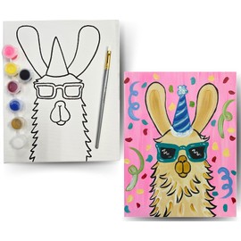 Paint Your Own Pre-Drawn Canvas Kit for Kids, Birthday Llama Theme, DIY Paint Party Kit - Paint Brush & Color Mixing Chart - Handmade & Stenciled (8" x 10")